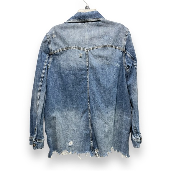 Free People Moonchild Distressed Oversized Denim Shacket Jacket In Indigo Blue - Picture 10 of 15